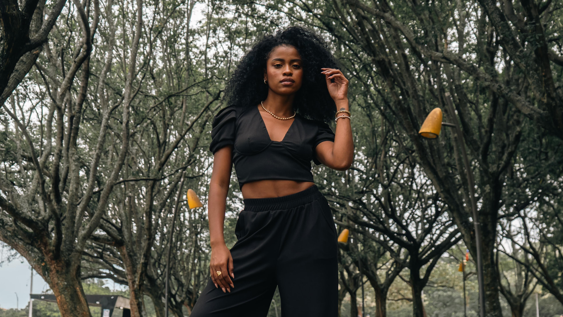 Fashion Fusion — black cropped top and wide-leg trousers outdoors